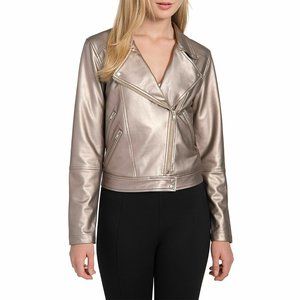 Lysee New Jones Silver Faux Leather Vegan Metallic Moto Jacket Size Large